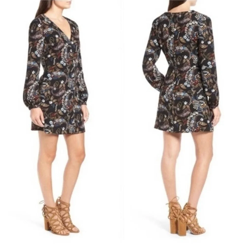 Wayf Malone  Paisley Black Floral V-Neck Mini Swing Dress Size Small Fall
